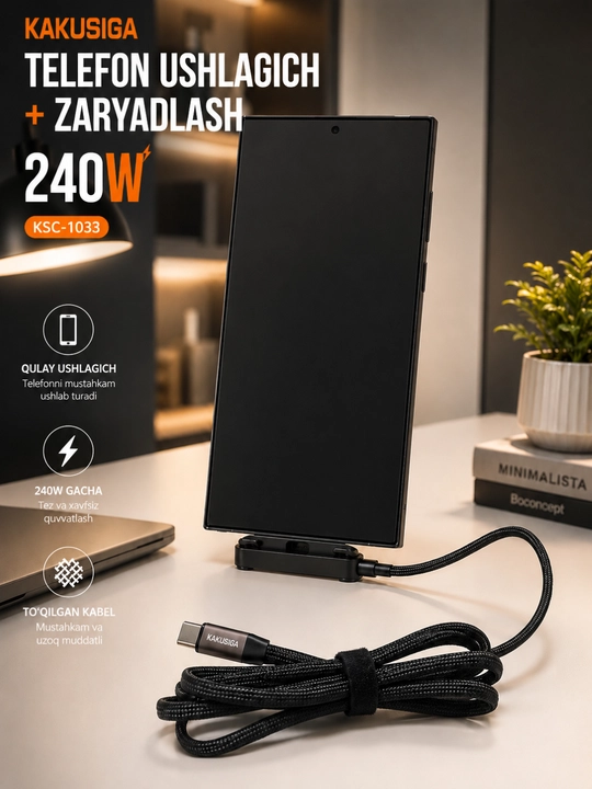 KAKUSIGA KSC-1033 240W zaryadlash va ma’lumot uzatish kabeli, telefon ushlagichli, 1,5 m - 