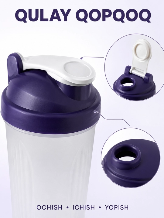 Sport shaker metall mixer bilan, shaffof korpusli, protein va ichimliklar uchun