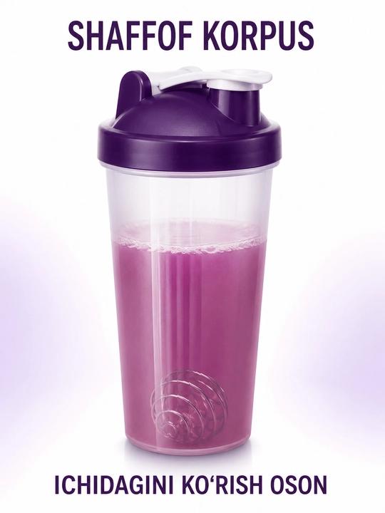 Sport shaker metall mixer bilan, shaffof korpusli, protein va ichimliklar uchun
