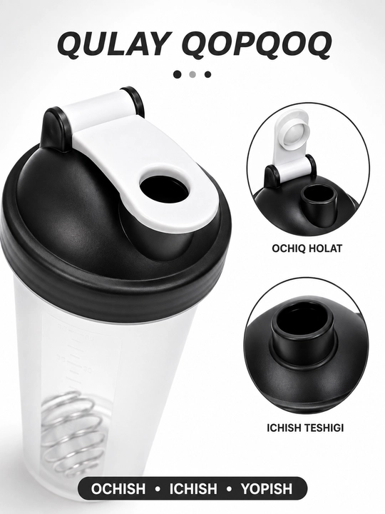 Sport shaker metall mixer bilan, shaffof korpusli, protein va ichimliklar uchun