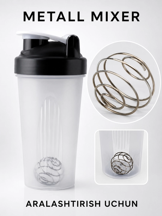 Sport shaker metall mixer bilan, shaffof korpusli, protein va ichimliklar uchun
