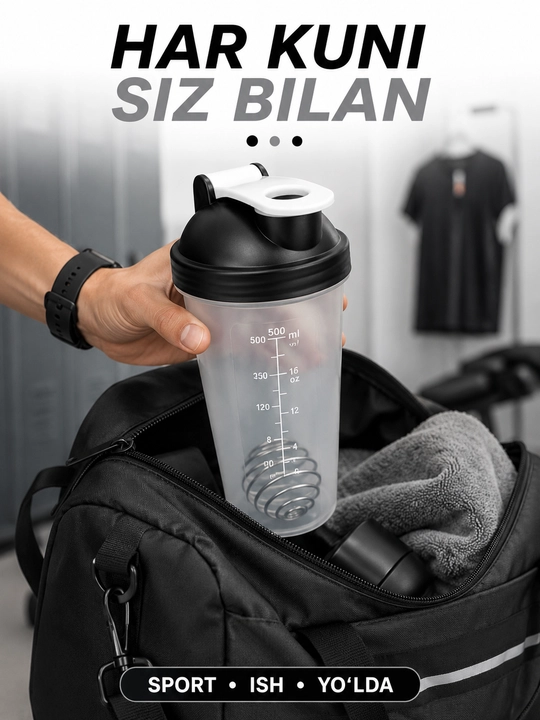 Sport shaker metall mixer bilan, shaffof korpusli, protein va ichimliklar uchun