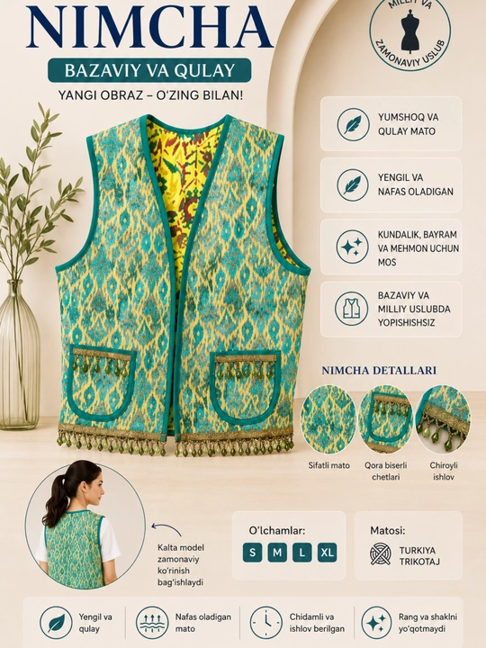 Milliy nimcha, qovilgan nimcha, XB mato, qo‘l mehnati, ayollar nimchasi