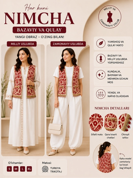 Milliy nimcha, qovilgan nimcha, XB mato, qo‘l mehnati, ayollar nimchasi