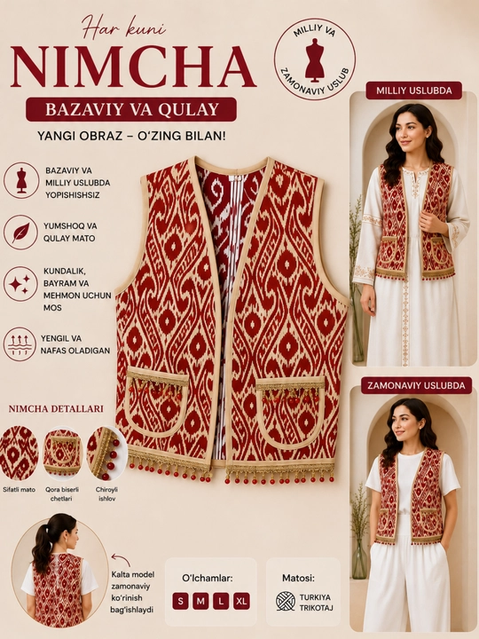 Milliy nimcha, qovilgan nimcha, XB mato, qo‘l mehnati, ayollar nimchasi