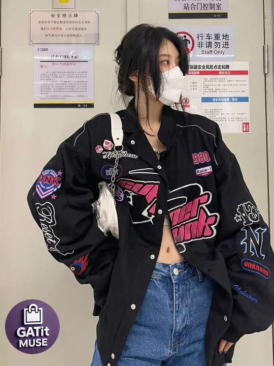 Y2K oversize vetrovka uniseks, printli streetwear kurtka