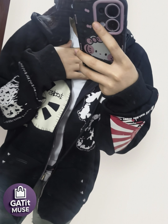 Y2K oversize vetrovka uniseks, printli streetwear kurtka
