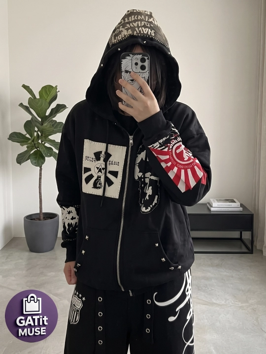 Y2K oversize vetrovka uniseks, printli streetwear kurtka