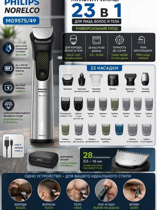 Soqol, soch va tana uchun Philips Norelco MG9575/49 Multigroom Series 9000 23 ta 1 da trimmer - 