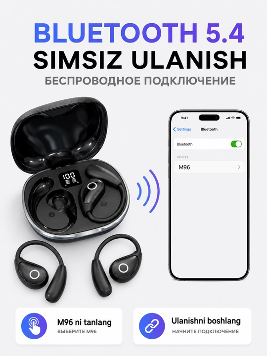 M96 AI tarjimon simsiz quloqchin, Bluetooth 5.4, Open Ear, 134 til, raqamli displey - 
