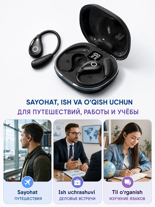 M96 AI tarjimon simsiz quloqchin, Bluetooth 5.4, Open Ear, 134 til, raqamli displey