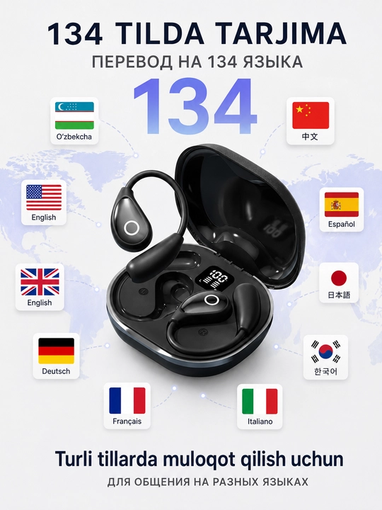 M96 AI tarjimon simsiz quloqchin, Bluetooth 5.4, Open Ear, 134 til, raqamli displey