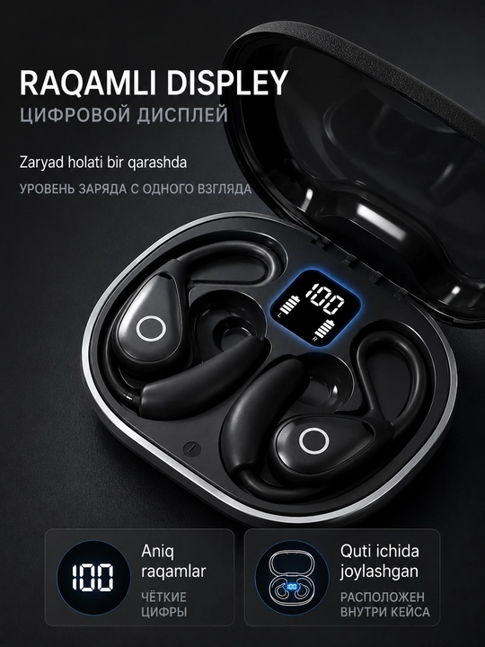 M96 AI tarjimon simsiz quloqchin, Bluetooth 5.4, Open Ear, 134 til, raqamli displey