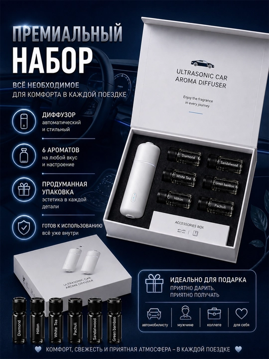 Автоматический аромадиффузор для автомобиля с 6 ароматами, премиальный подарочный набор