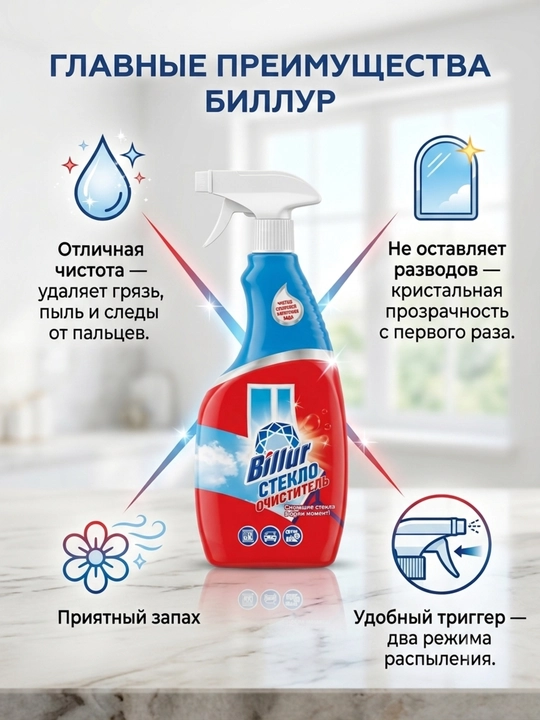 Billur oyna va ko'zgularni tozalash vositasi, dog' qoldirmaydigan sprey, 500 ml / 750 ml