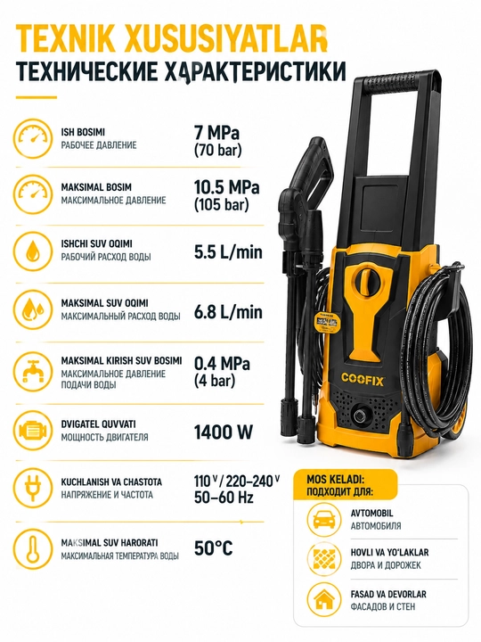 COOFIX Мойка высокого давления 1850Вт 135 бар, автомойка
