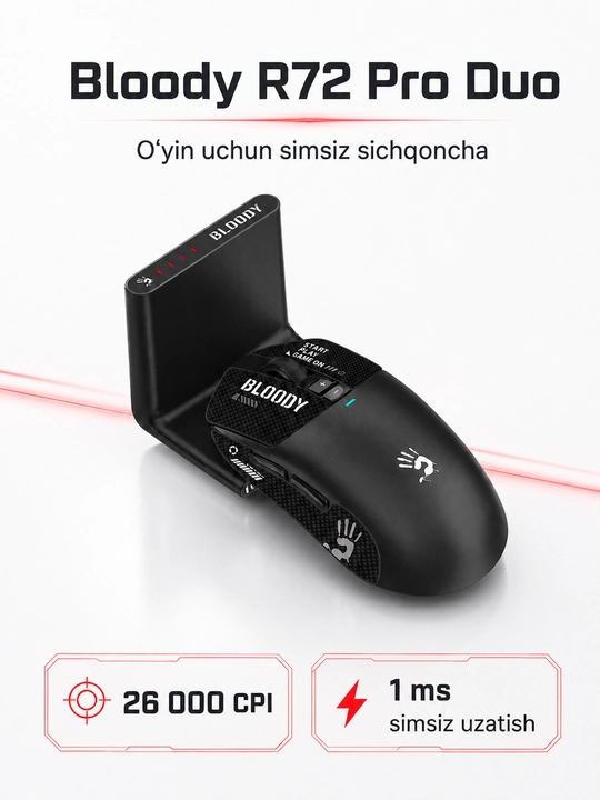 Bloody R72 Pro Duo — беспроводная игровая мышь, 26000 CPI, 1000 Гц, зарядная док-станция - 