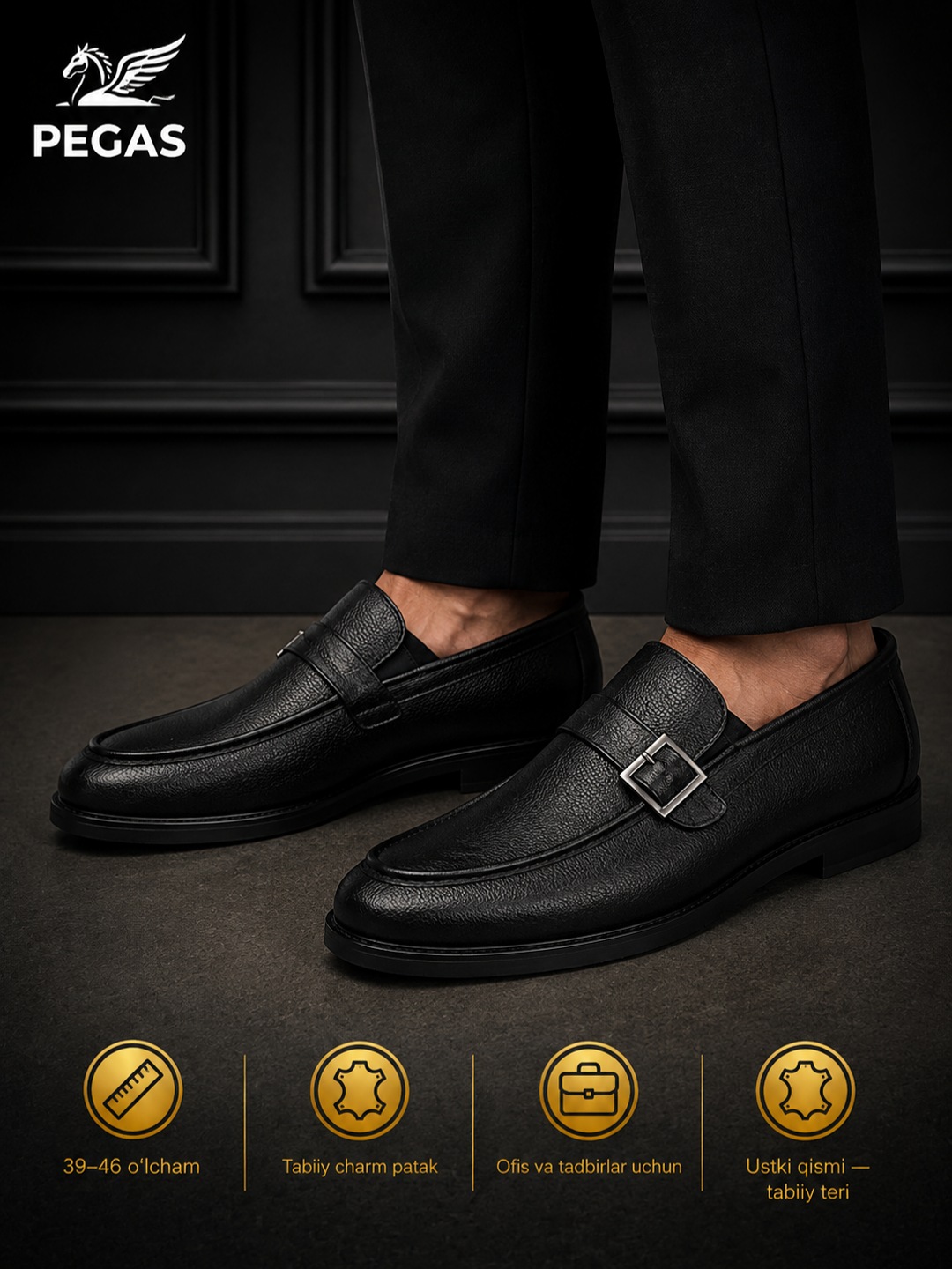 PEGAS erkaklar tuflisi — tabiiy charm, yarim klassik loafer-mokasin, 39–46 o‘lcham - 
