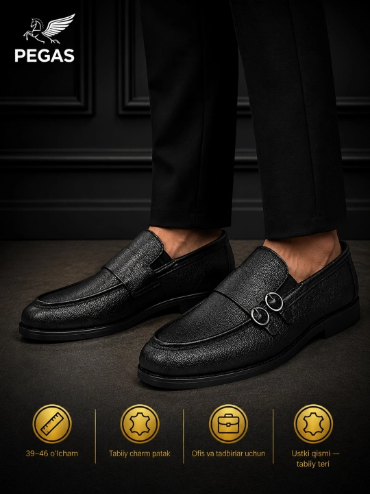 PEGAS erkaklar tuflisi — tabiiy charm, yarim klassik loafer-mokasin, 39–46 o‘lcham - 