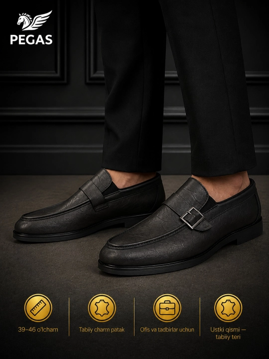 PEGAS erkaklar tuflisi — tabiiy charm, yarim klassik loafer-mokasin, 39–46 o‘lcham - 