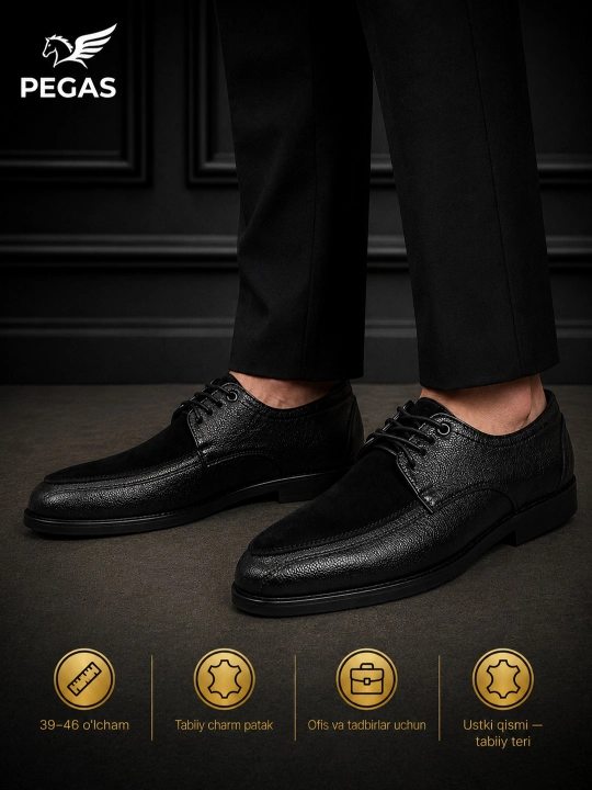PEGAS erkaklar tuflisi — tabiiy charm, yarim klassik loafer-mokasin, 39–46 o‘lcham - 