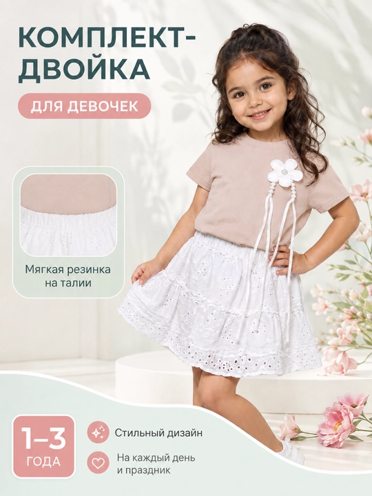 Комплект для девочек, юбка и кофточка, 100% хлопок - 