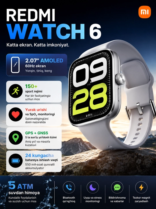 Redmi Watch 6 умные часы, AMOLED 2,07" 60 Гц, батарея 550 мА·ч и 150+ спортивных режимов - 