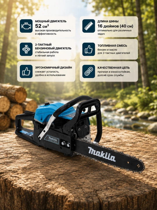 Benzinli arra MAKIIA BS-5200, 52 sm³, 16 dyuym 40 sm, 2-taktli motor, zanjirli arra
