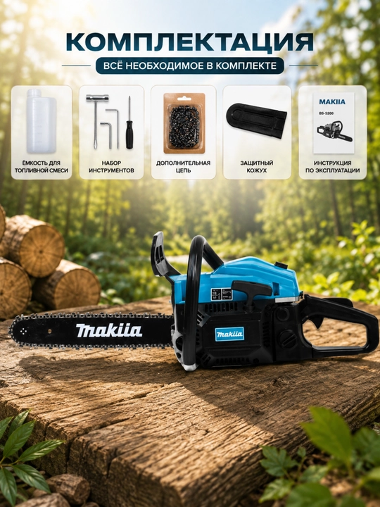 Benzinli arra MAKIIA BS-5200, 52 sm³, 16 dyuym 40 sm, 2-taktli motor, zanjirli arra