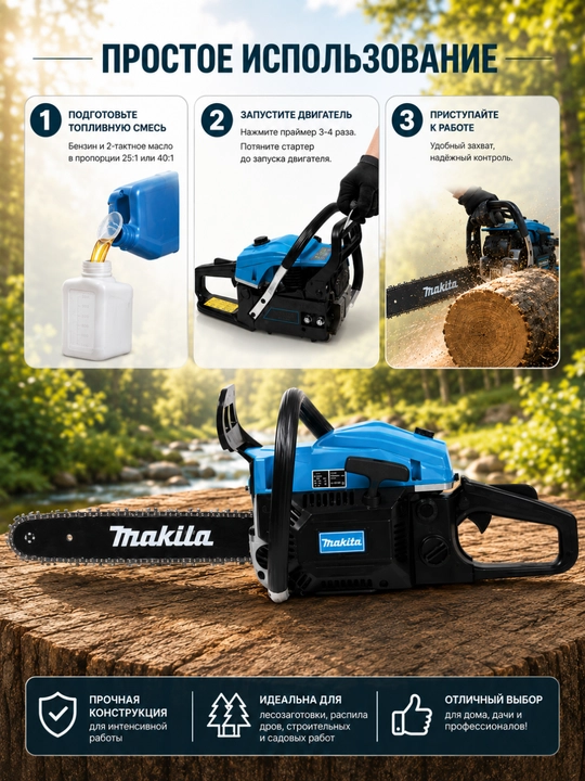 Benzinli arra MAKIIA BS-5200, 52 sm³, 16 dyuym 40 sm, 2-taktli motor, zanjirli arra