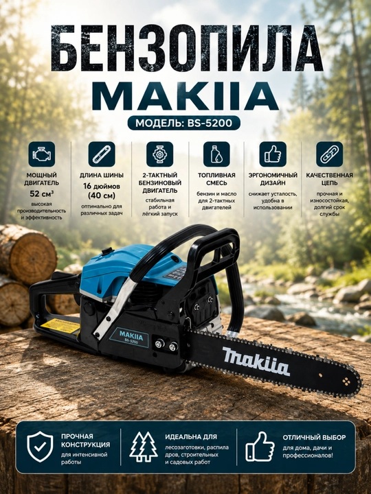 Benzinli arra MAKIIA BS-5200, 52 sm³, 16 dyuym 40 sm, 2-taktli motor, zanjirli arra
