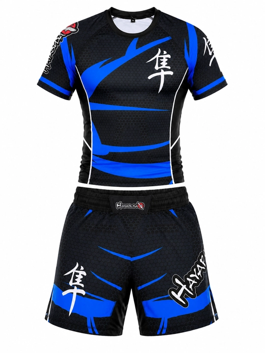 Мужской комплект для MMA Hayabusa, рашгард и шорты, черный синий-красный, S–XXXL