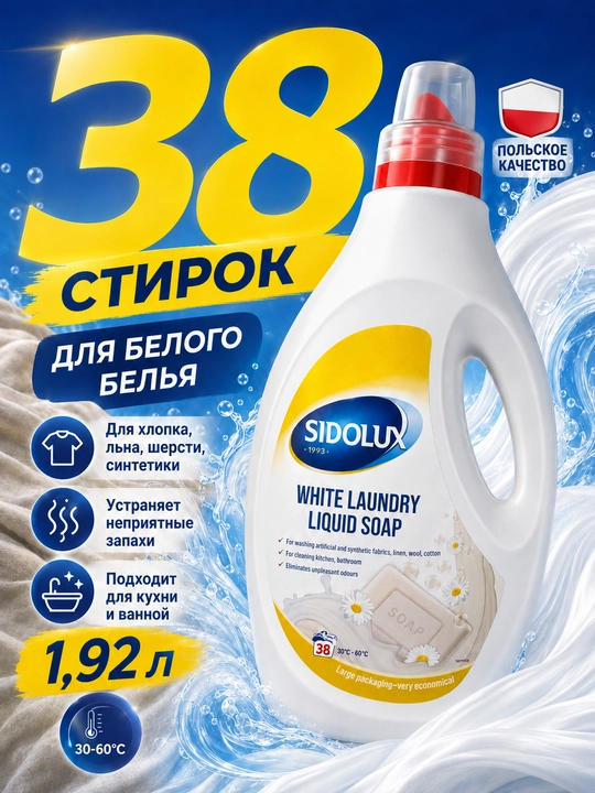 Sidolux oq kiyimlar uchun suyuq kir yuvish vositasi, 1,92 l, 38 yuvish - 