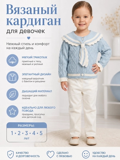 Вязаный кардиган для девочки с воротником и бантом, детская кофта - 