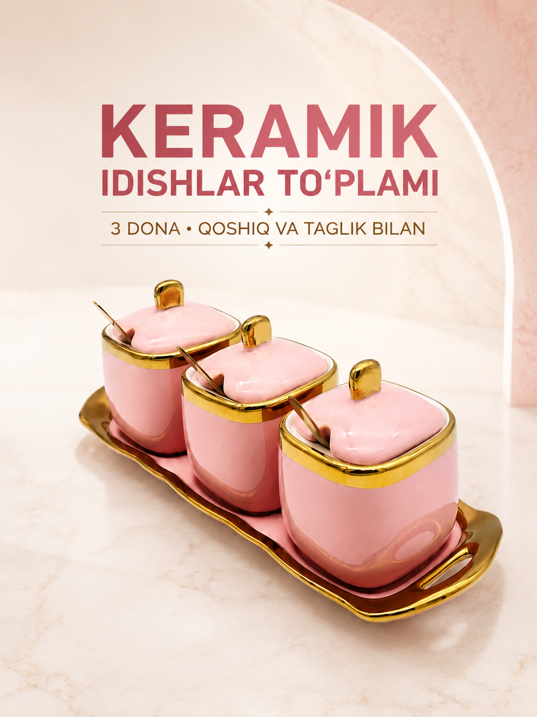 Shakar, asal, choy, murabbo va ziravorlar uchun keramik idishlar, tushlik to'plam, 3 dona - 