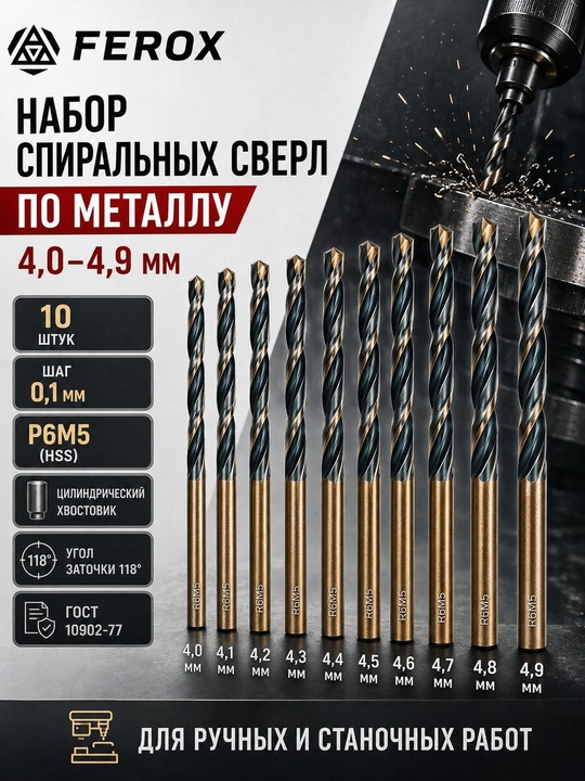 Metall uchun R6M5 spiral parmalar to‘plami 4,0–4,9 mm, 10 dona, GOST 10902-77 - 