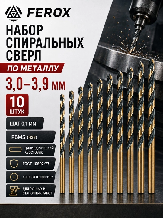 Metall uchun R6M5 spiral parmalar to‘plami 3,0–3,9 mm, 10 dona, GOST 10902-77 - 