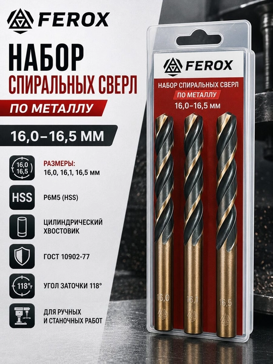 Metall uchun R6M5 spiral parmalar to‘plami 16,0–16,5 mm, 3 dona, GOST 10902-77 - 