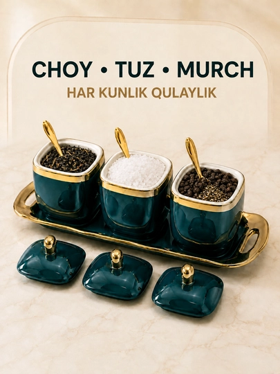 Shakar, asal, choy, murabbo va ziravorlar uchun keramik idishlar, tushlik to'plam, 3 dona