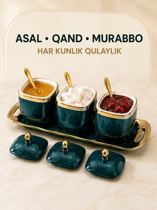 Shakar, asal, choy, murabbo va ziravorlar uchun keramik idishlar, tushlik to'plam, 3 dona