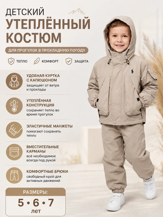 Детский утеплённый костюм для мальчика с капюшоном, куртка и брюки - 
