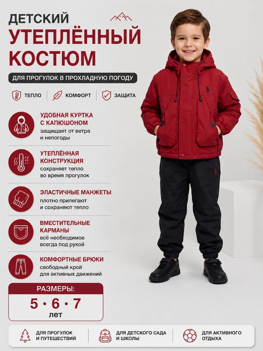 Детский утеплённый костюм для мальчика с капюшоном, куртка и брюки - 