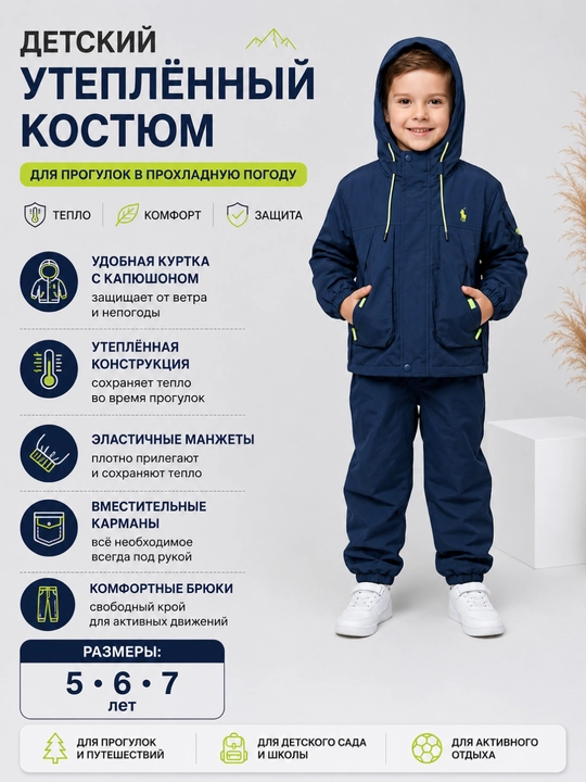 Детский утеплённый костюм для мальчика с капюшоном, куртка и брюки - 