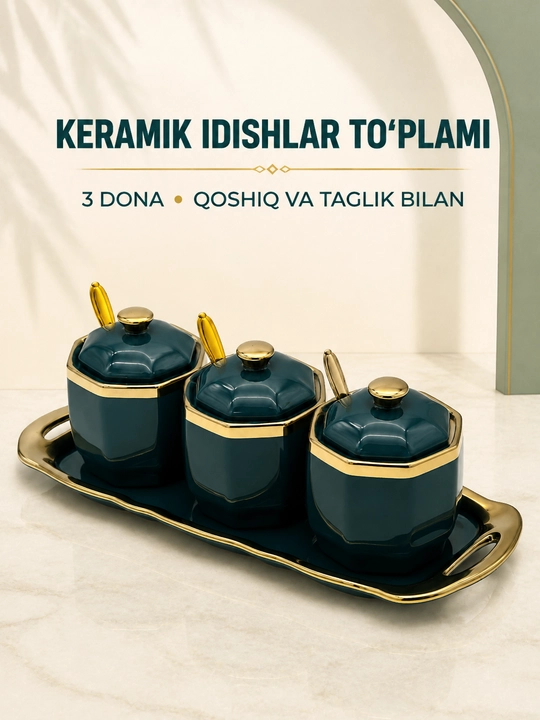 Shakar, asal, choy, murabbo va ziravorlar uchun keramik idishlar, tushlik to'plam, 3 dona - 