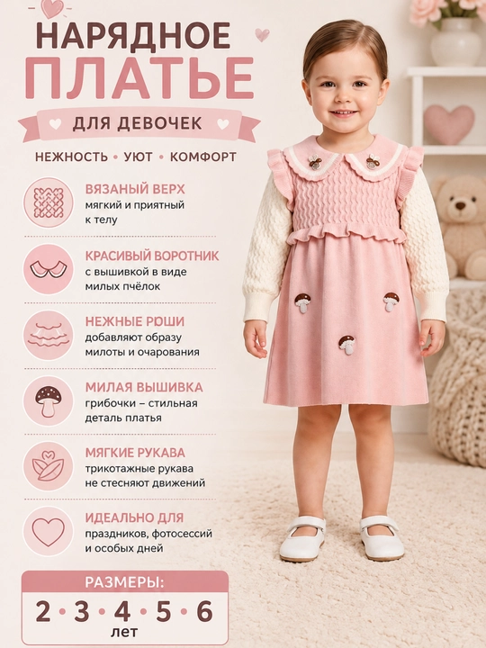 Вязаное платье для девочки с длинным рукавом - 