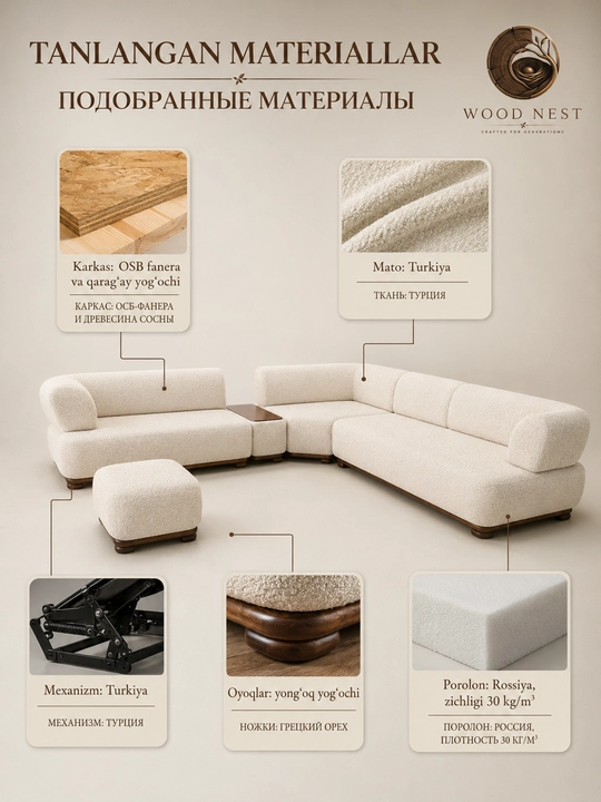 Luna L-shaklli yumshoq mebel to‘plami, burchak divan va 2 ta pufik, 320×320×75 sm
