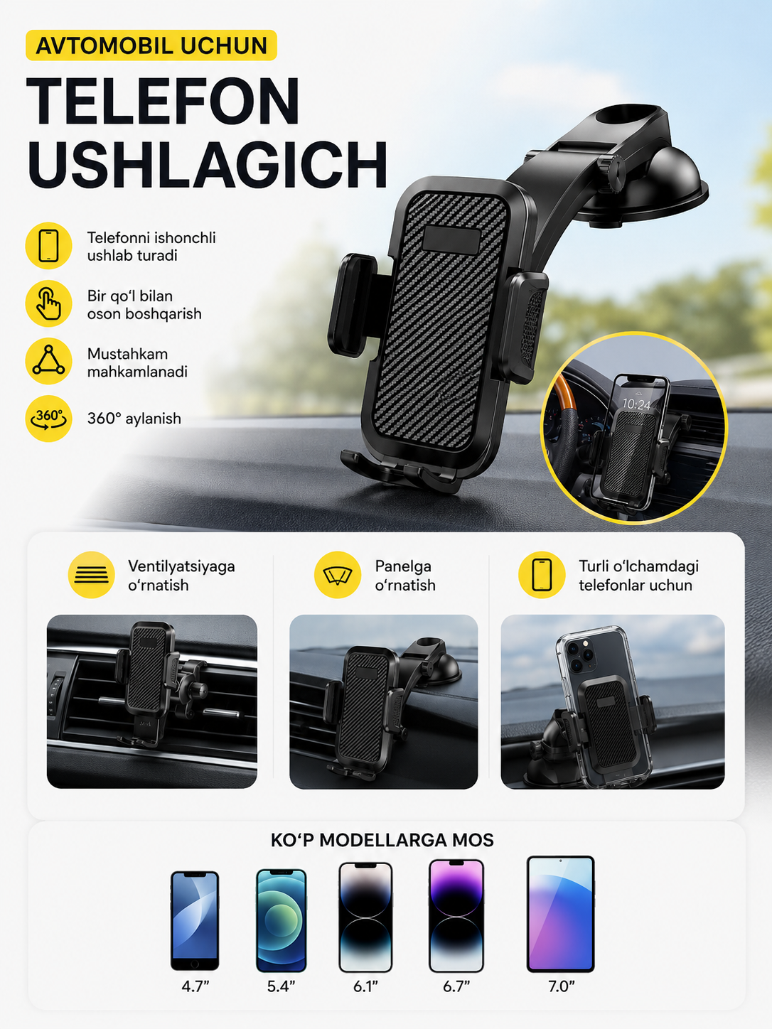 Avtomobil uchun telefon tutqichi - 