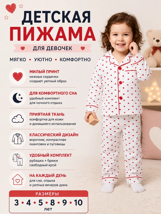 Qiz bolalar uchun yurakchali qizil pijama - 