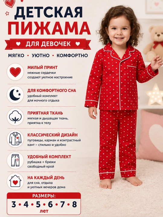 Детская пижама для девочки с сердечками - 