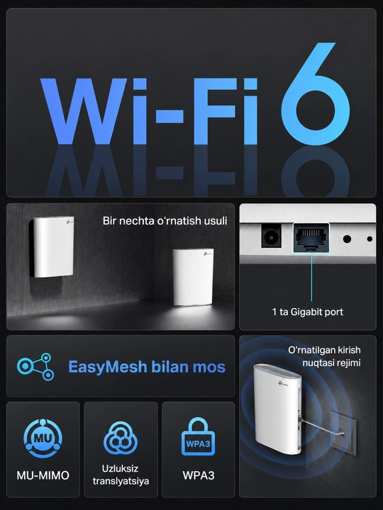 TP-Link RE500XD — Wi-Fi 6 Mesh WiFi signal kuchaytirgich, EasyMesh, Gigabit LAN